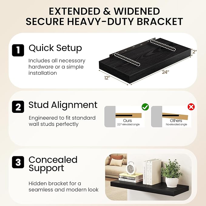 36Inch Black Floating Shelves for Wall, 12 Inch Deep Shelves for Bedroom - Image 6
