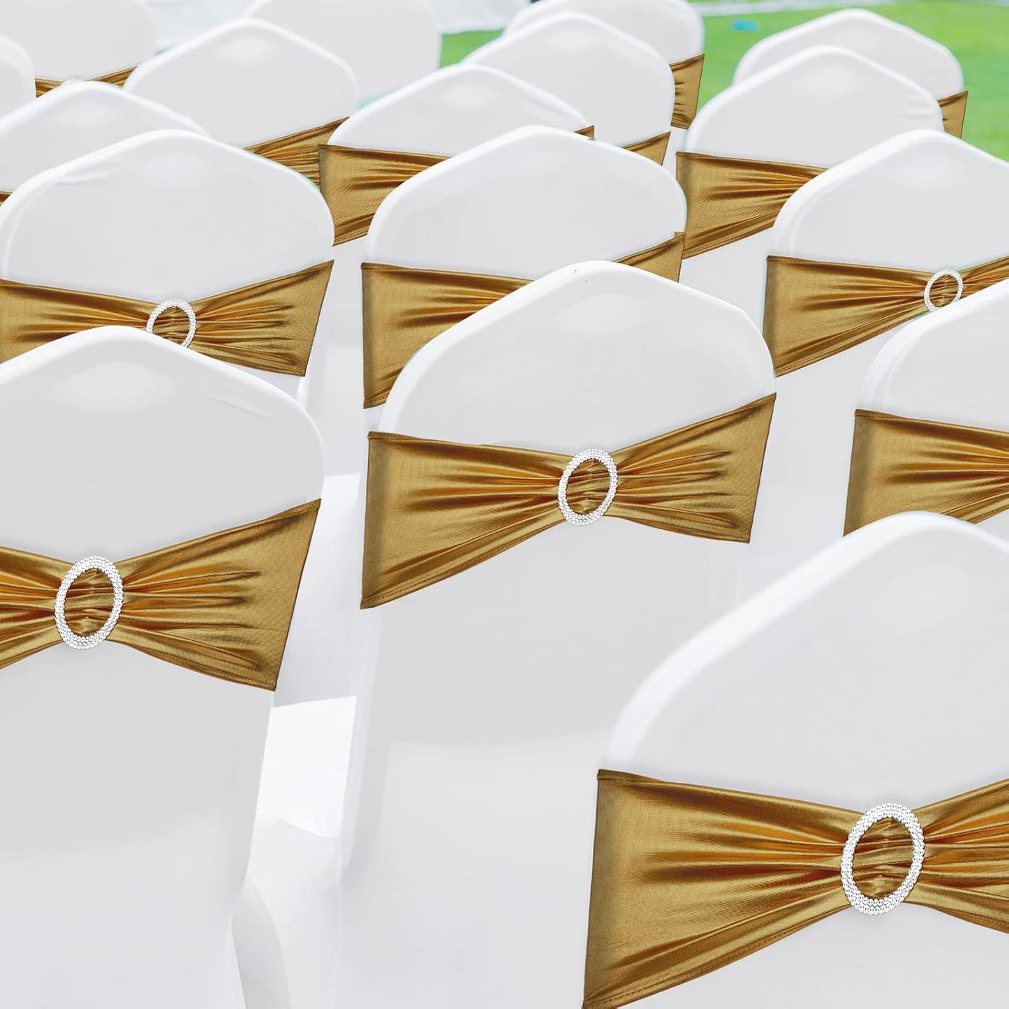 CHENGU 150 Pieces Spandex Stretch Chair Sashes Bows Elastic Chair Cover Bands Ties with Buckle Slider for Wedding Party Reception Events Universal Ceremony Banquet Decorations (Glossy Gold)