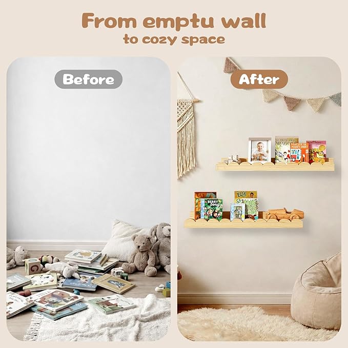 Nursery Floating Shelves for Kids Room, 2 Pack 23.6 Inch Natural Wood Wall - Image 2