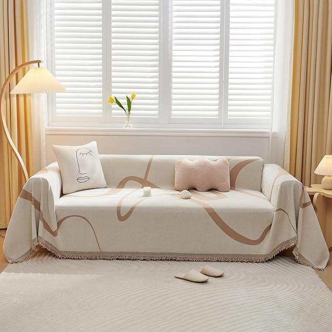 VClife Soft Chenille Couch Cover Modern Khaki Tan Beige Stripe Sofa Slipcover by VCLIFE
