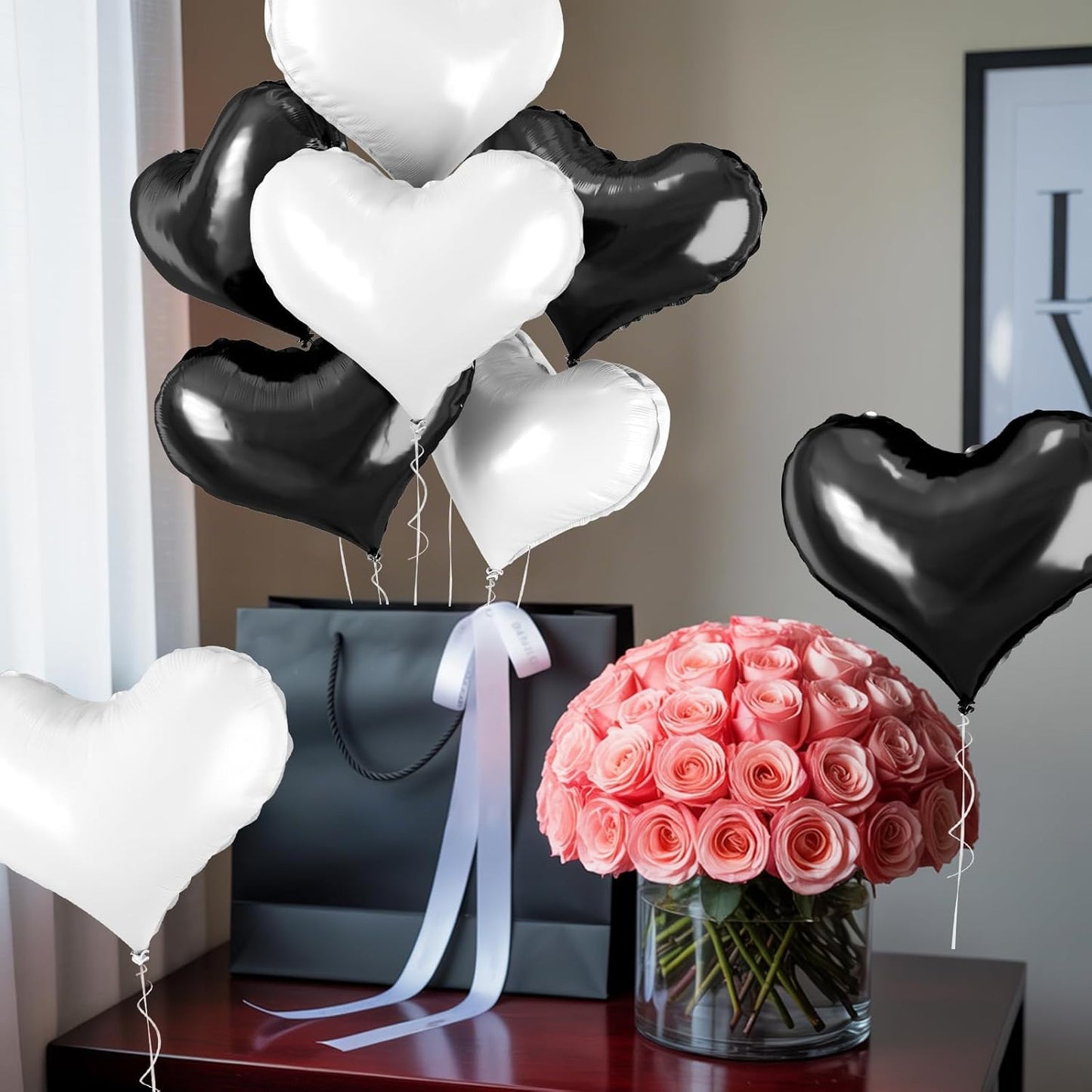 24 Inch Black White Heart Balloons, White Heart Foil Balloons, Black Balloon for Valentines Day Bridal Shower Anniversary Wedding Birthday Party Decorations