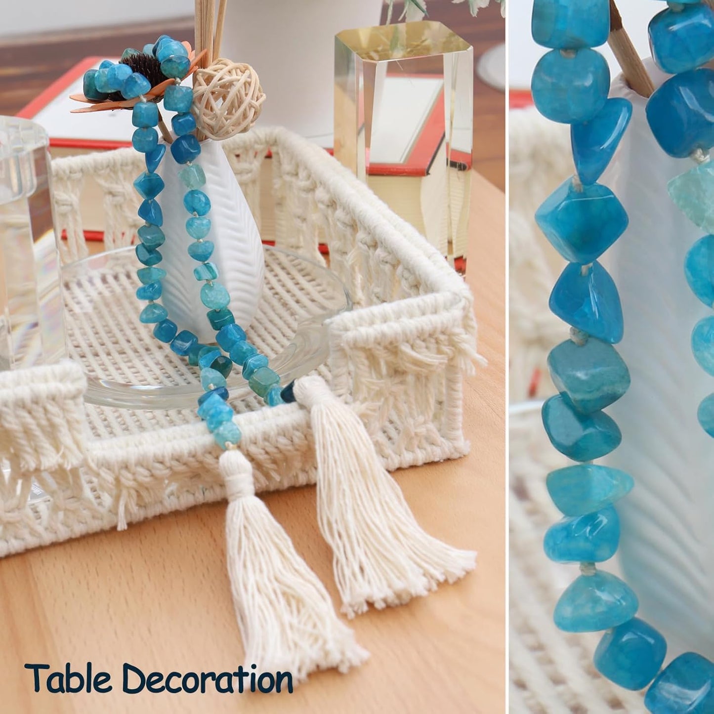 Agate Stone Hand Knotted Garland Modern Farmhouse Rustic Table Home Decor, 30inch Meditation Accessories with Tassel, Prayer Healing Beads Boho Wall Shelf Hanging Decoration (Sky Blue)