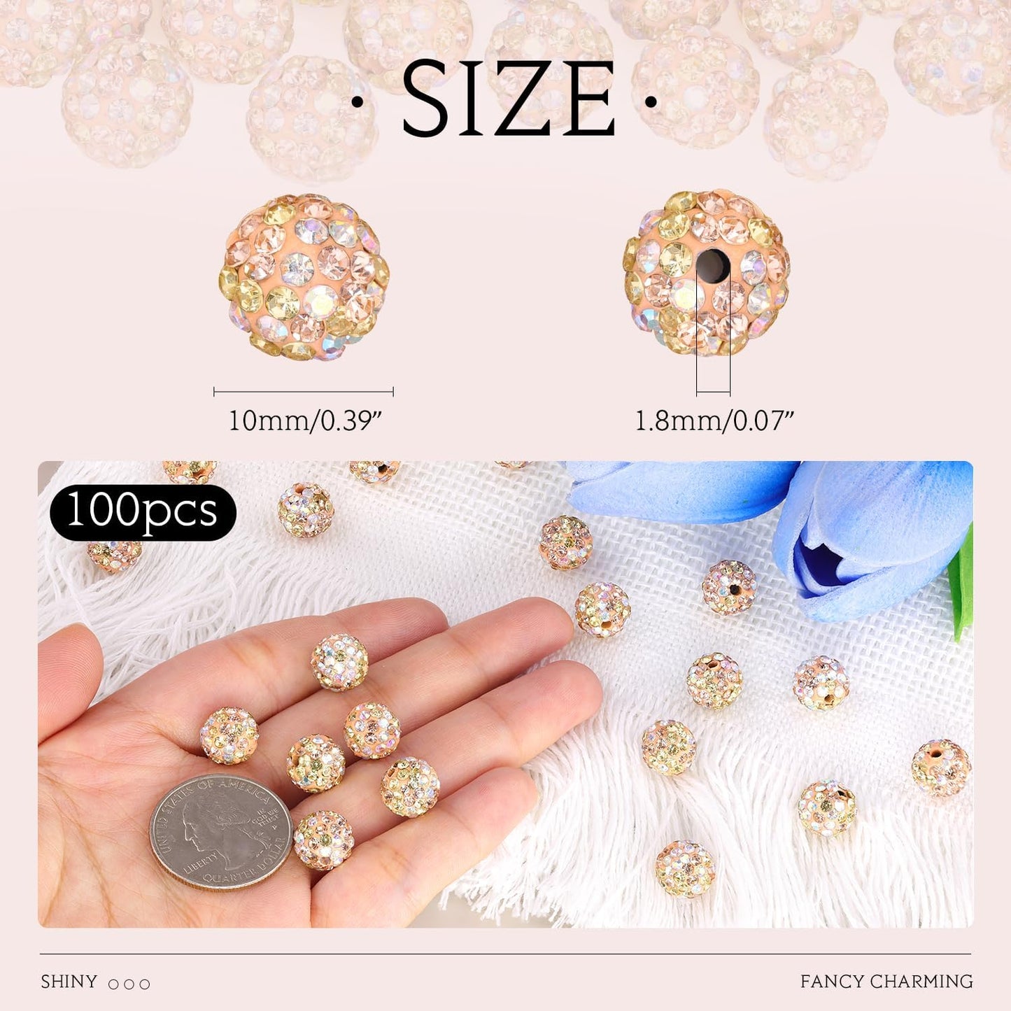 100pcs 10mm Rhinestone Beads for Jewelry Making, Light Peach AB Shiny Round Shamballa Disco Beads Bulk, Sparkle Crystal Clay Christmas for Bracelet Baseball Necklace Earring Crafting and DIY
