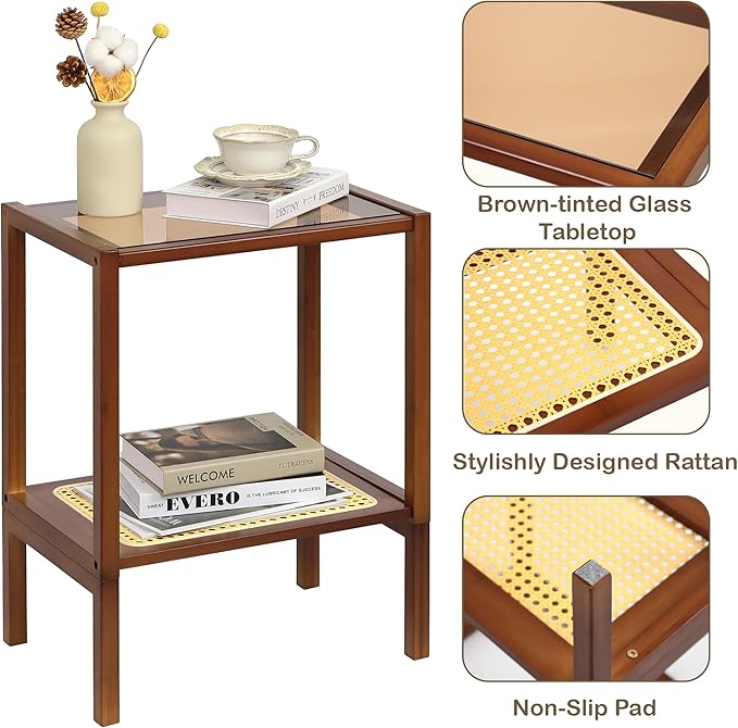 2-Tier Bamboo Side Table, Modern Glasstop Rattan Side Table, Mid Century Wood - Image 3