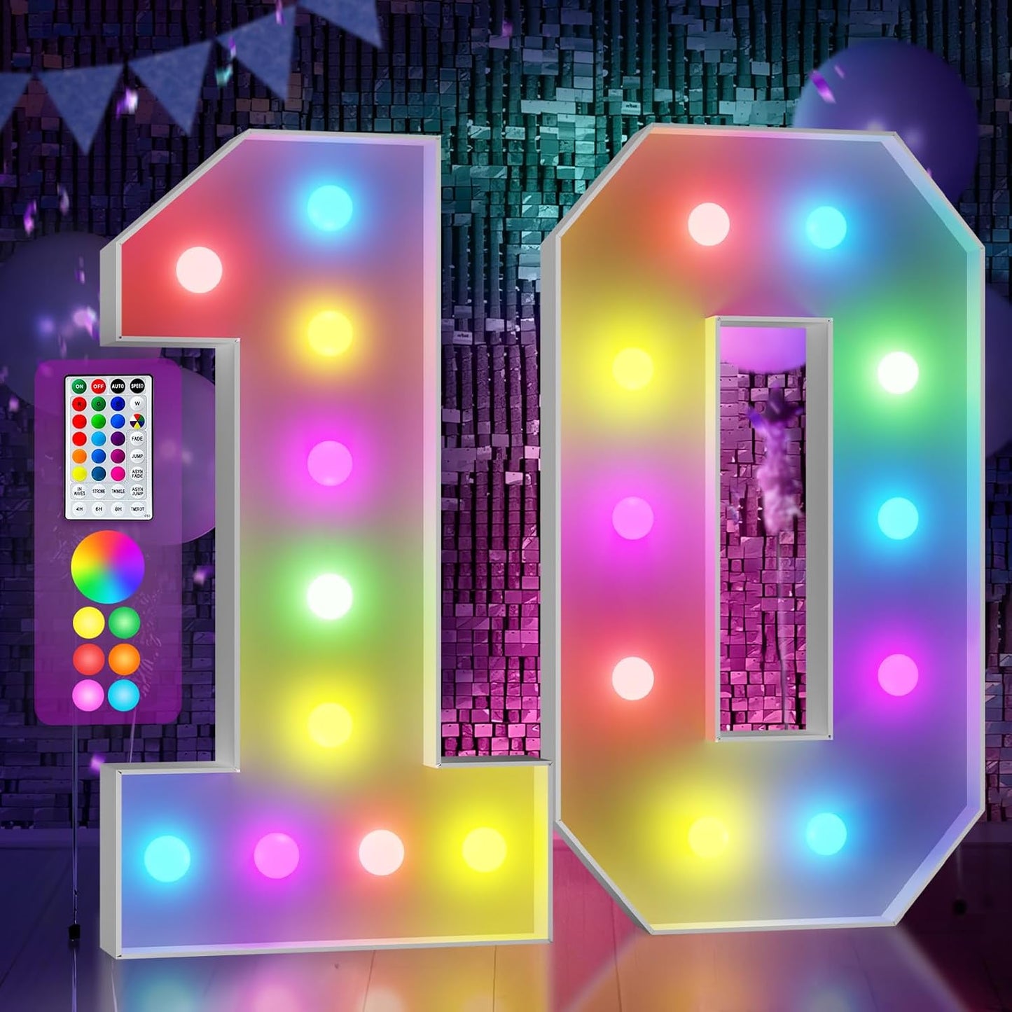 Marquee Numbers Colorful 10th-Birthday Decoration: 4FT Large Light Up 10 Year Old Birthday Decorations Anniversary Backdrop for Boys Girls Cardboard White Sign 18 Colors Number 10 Mosaic Balloon Frame