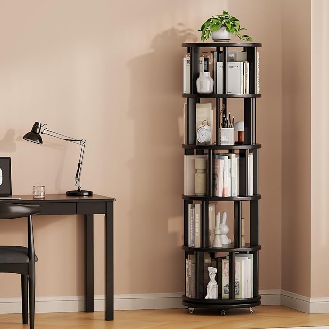Muwuele Solid Wood Rotating Bookshelf on Wheels, 5 Tier, Round Revolving - Image 9