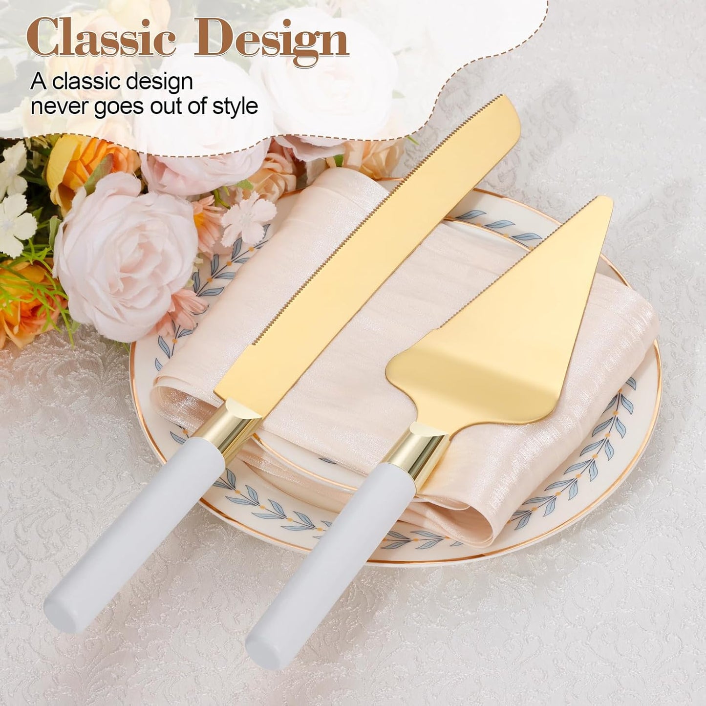Gold Cake Cutting Set for Wedding, Wood Cake Knife & Server Set, Vintage 2-Piece Pie Cutter Serving Set, Serrated Pizza Utensils, Anniversary Birthday Bridal Gift (White)