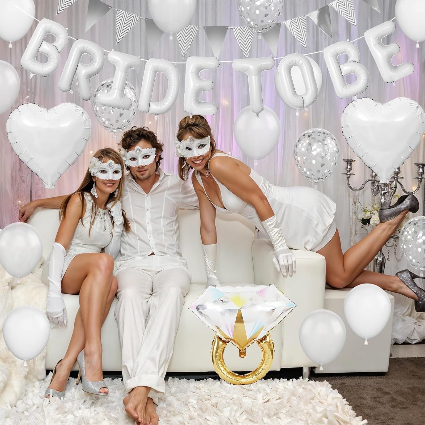 White Bachelorette Party Decorations, White Bride To Be Bridal Shower Balloons Decorations, Silver Confetti Balloon with Diamond Ring Heart Balloon for Bachelorette Engagement Wedding