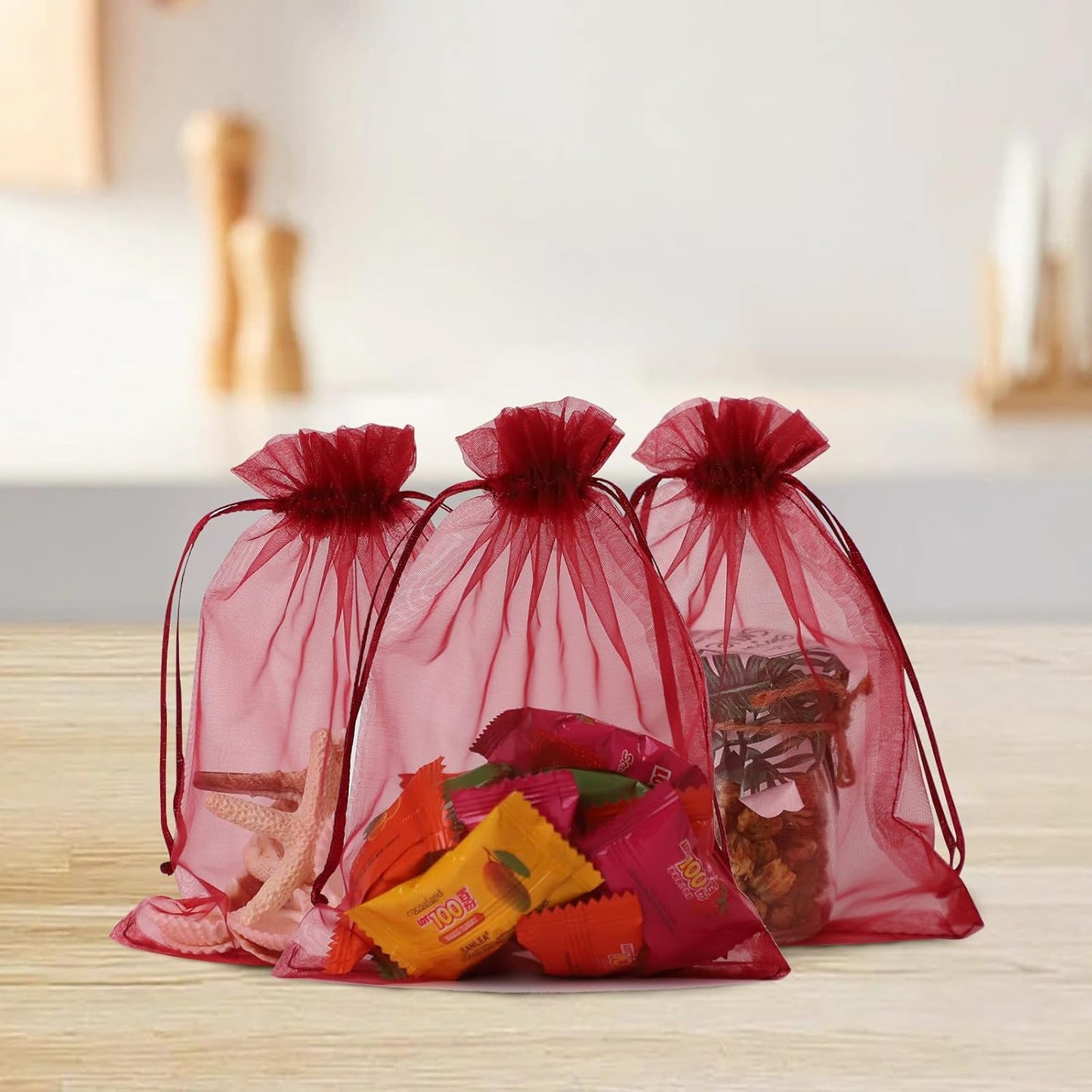 Wudygirl 100 PCS Organza Bags - 5X7 Inch Sheer Organza Bags with Drawstring for Jewelry, Wedding Favor, Candy (Wine Red 5X7)