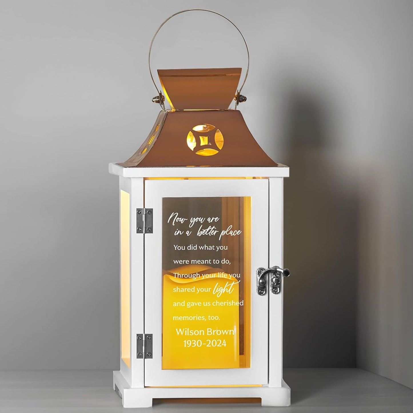 Let's Make Memories Personalized Memorial Lantern - Sympathy - Condolences - LED Candle - Automatic Timer - Wood/Stainless Steel - Copper Finish - in a Better Place