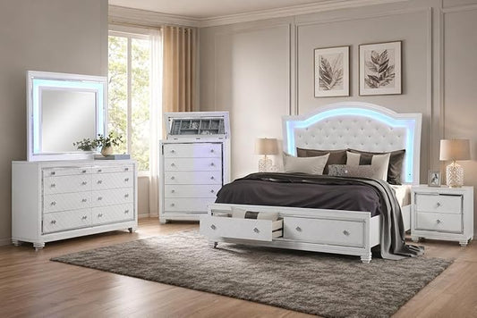 First of a Kind Shiney Contemporary 5 Piece Queen Bedroom Set High Gloss White by FirstofaKind
