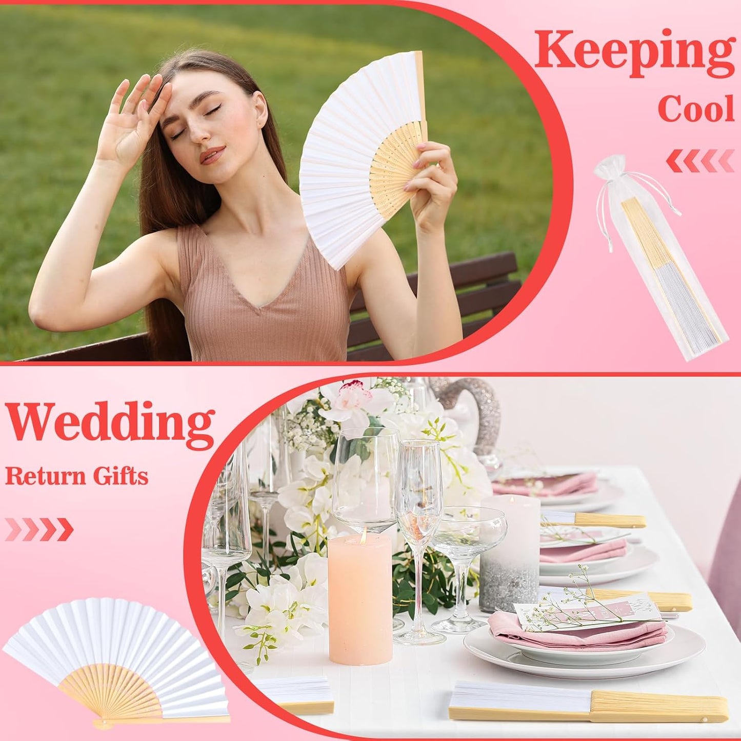 NEBURORA 6Pcs White Handheld Paper Fans 8.3 Inch Hand Held Bamboo Fans Foldable for Wedding Decoration Outdoor Party Favors DIY Decoration Dancing Photography Props