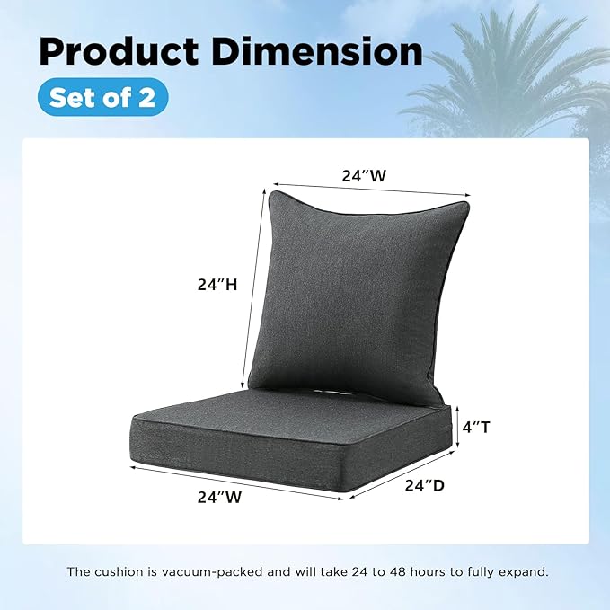 Outdoor Deep Seat & Back Cushion Set, 24 x 24 Inch Water Repellent and Fade - Image 2