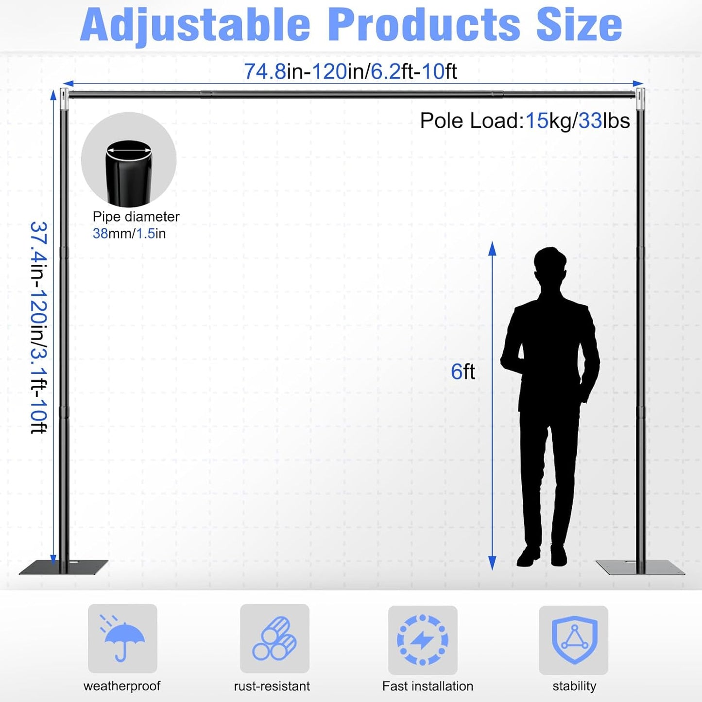 Pipe and Drape Backdrop Stand 10FT x 10FT, Adjustable Backdrop Stand Heavy Duty, Background Stand, Backdrop Stand for Parties, Photography, Wedding, Birthday Decoration (10ft x 10ft)