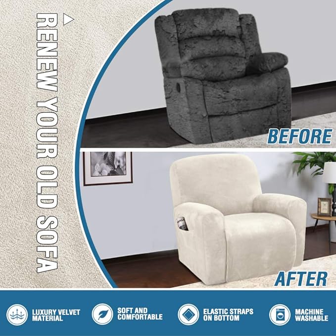 H.VERSAILTEX Velvet Stretch Recliner Couch Covers 4-Pieces Style Recliner Chair - Image 5