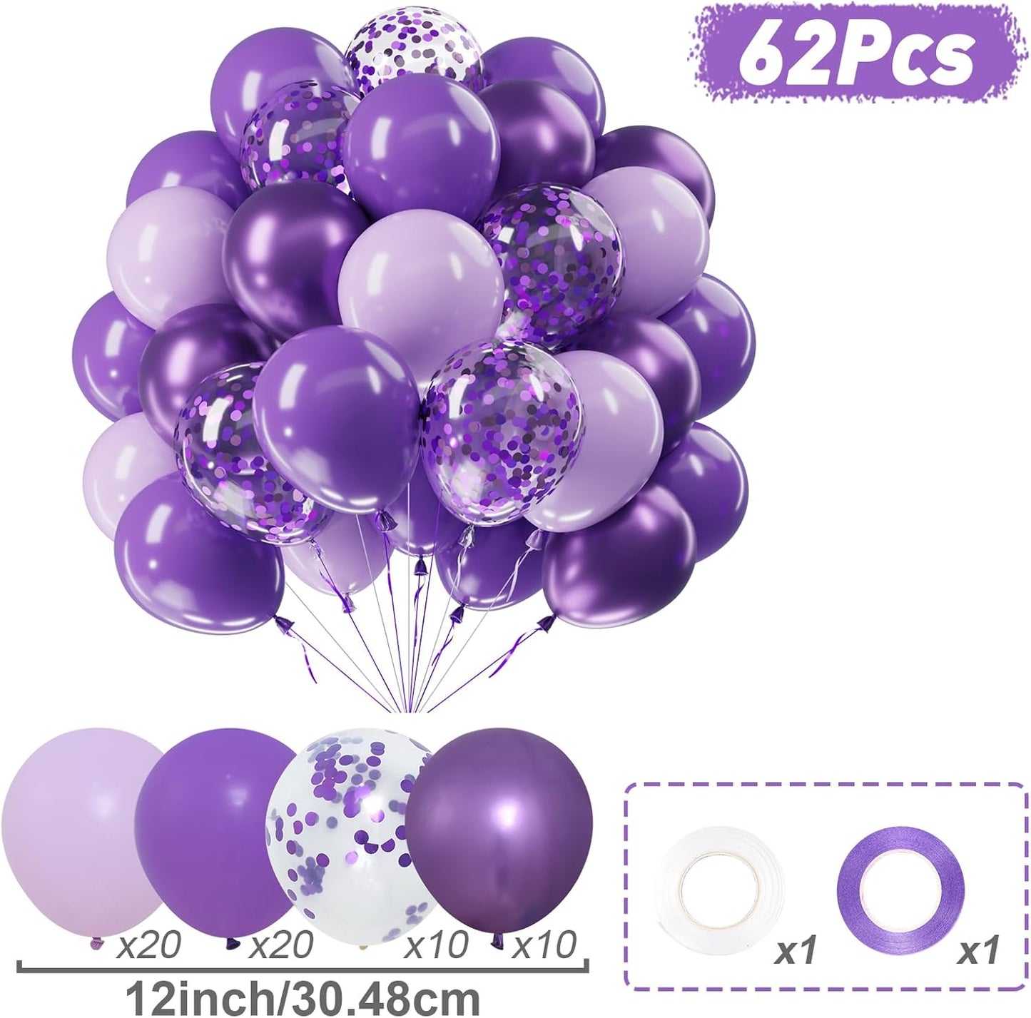 Netnology Purple Balloons Set, 60Pcs 12 Inch Lavender Purple Lilac Confetti Metallic Balloon Kit for Birthday Baby Shower Bridal Shower Wedding Graduation Party Decorations