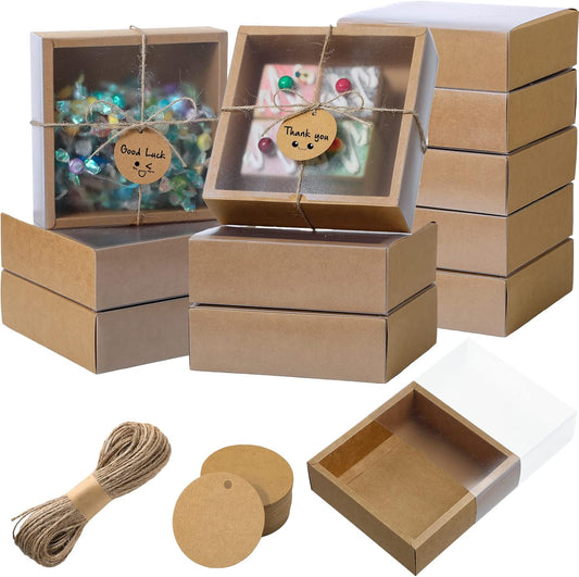 Roowest 50 Sets Kraft Soap Boxes Rectangle Packaging Box with Window Homemade Gift Box with Blank Tags and Jute String for Jewelry Candy Wrapping Party Favor(6.5 x 6.5 x 2 Inch,Kraft Color)