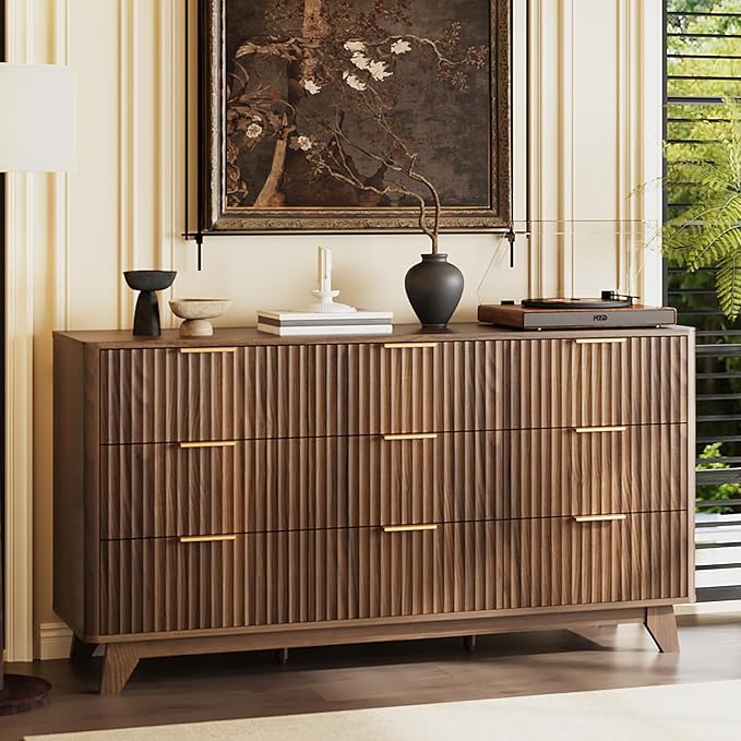 VINGLI Fluted Walnut Dresser 9 Drawer, Dark Wood Dresser Brown by VINGLI