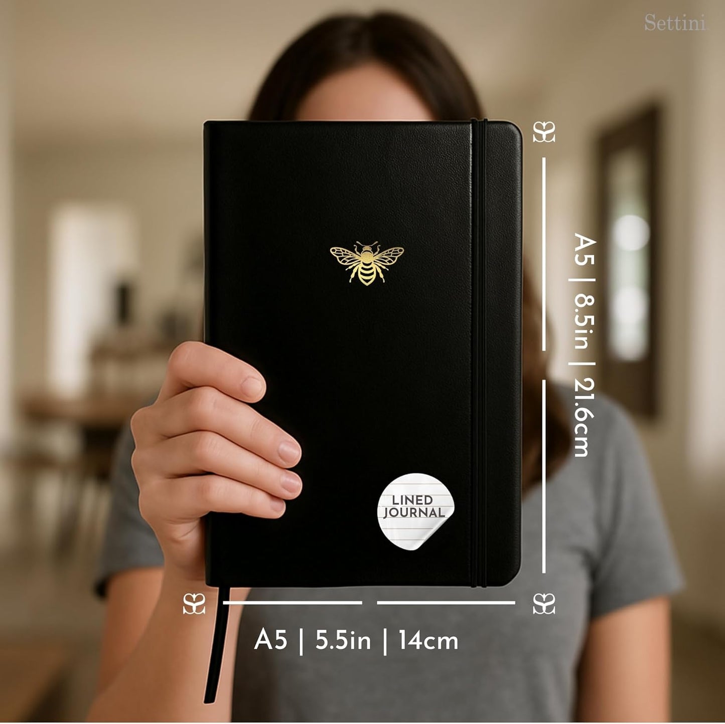 SETTINI Lined Journal, Ideal for Journaling - A5 Vegan Leather Notebook, 192 Archival-Quality Pages, QuillEase Bleed-Free Paper, Inner Pocket & Bookmark - Bee Gifts, Black Bee