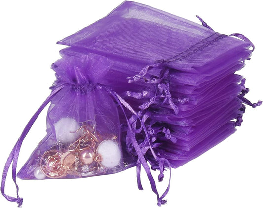 YQL Organza Bags 3x4 Inch,100PCS Purple Mini Drawstring Organza Jewelry Pouches Wedding Party Valentine Gift Mesh Candy Bag