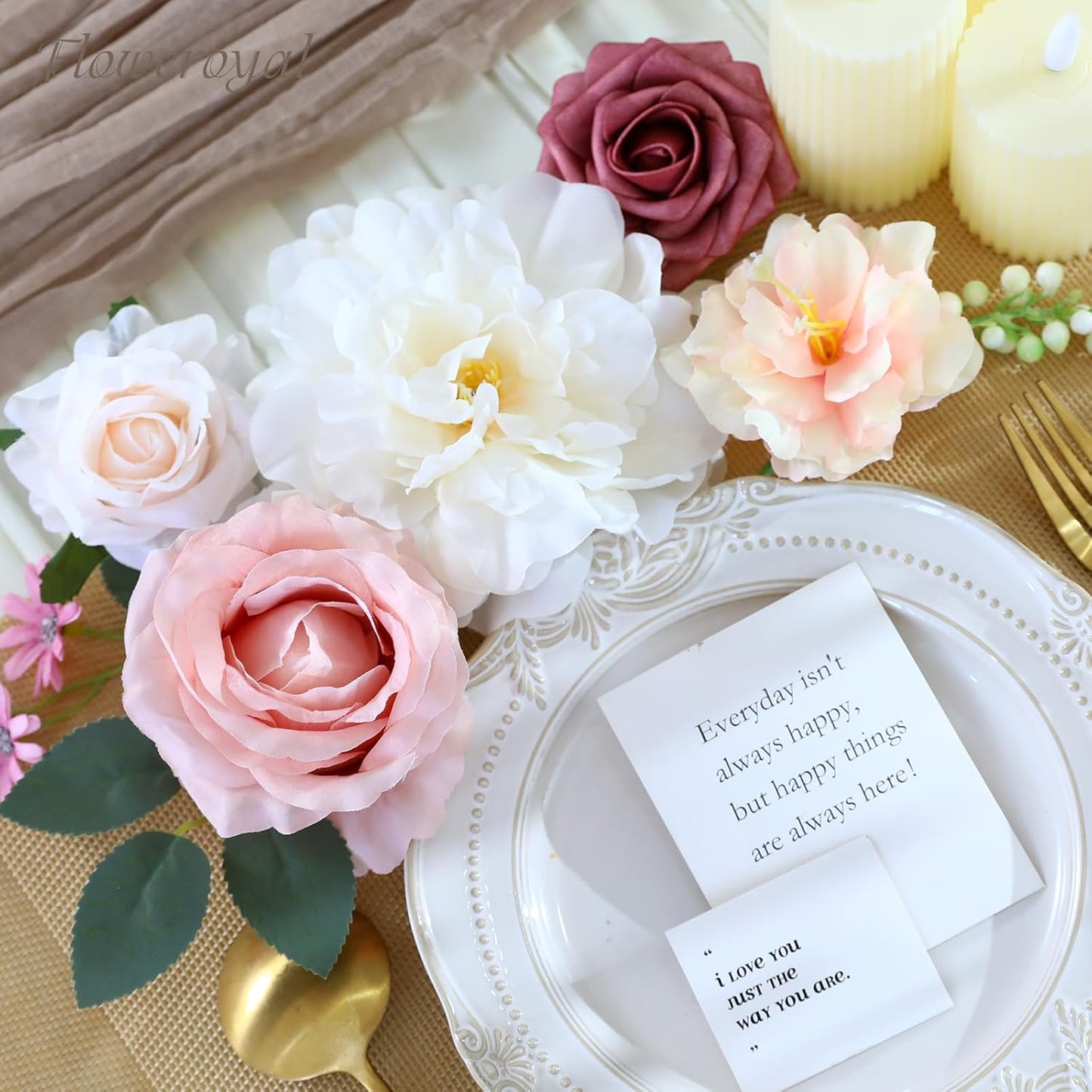 Floweroyal Artificial Flowers Combo Pink Flowers Mix Silk Flowers Dahlia Roses with Stems for DIY Wedding Bridal Bouquets, Baby Shower, Floral Arrangement, Table Centerpieces, Home Decorations