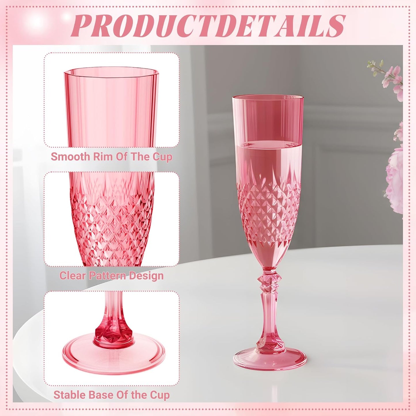 Plastic Champagne Flutes, 48PCS Red Wine Glasses Goblets Cups Reusable Flute, for Weddings Bachelor Parties Toasting and Events(48, Red)