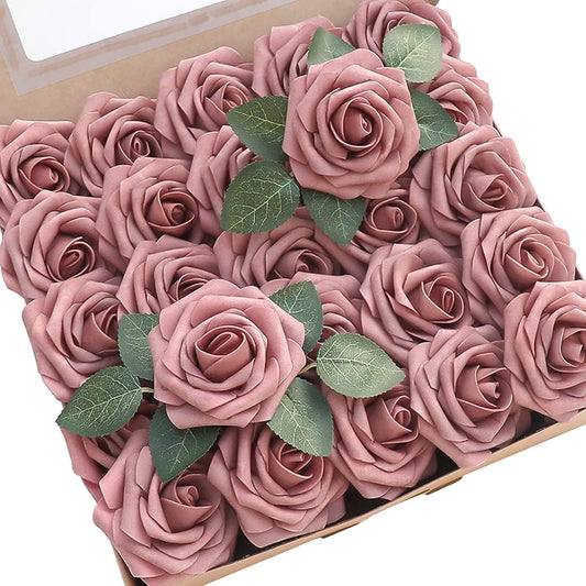 Floroom Artificial Flowers 50pcs Real Looking Dusty Rose Foam Fake Roses with Stems for DIY Wedding Bouquets Bridal Shower Centerpieces Floral Arrangements Party Tables Home Decorations