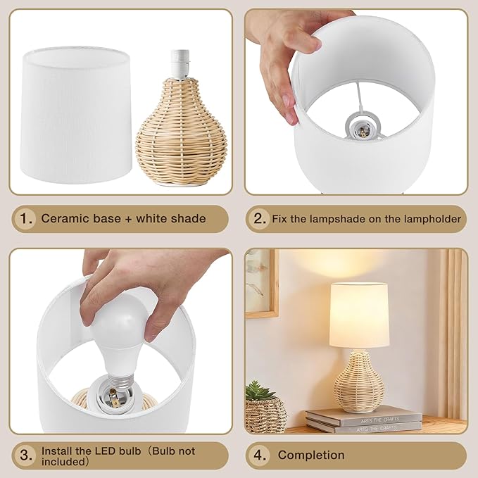 EJIAXIN Rattan Table Lamp Boho Lamps Set of 2-12.5" Mini Farmhouse Wicker Light - Image 8