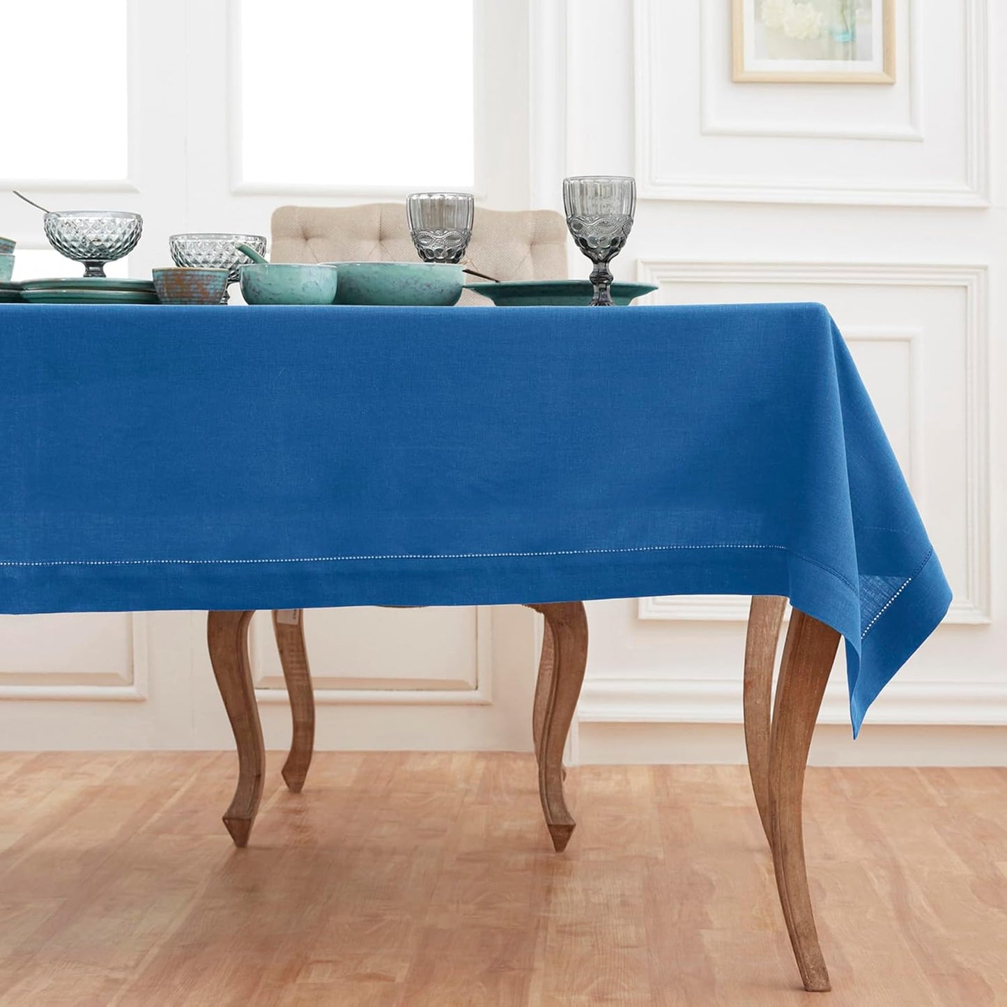 Solino Home Linen Indigo Blue Tablecloth 60 x 132 Inch - Classic Hemstitch, 100% Pure Linen Rectangular Tablecloth - Machine Washable Table Cloth for Fall, Autumn