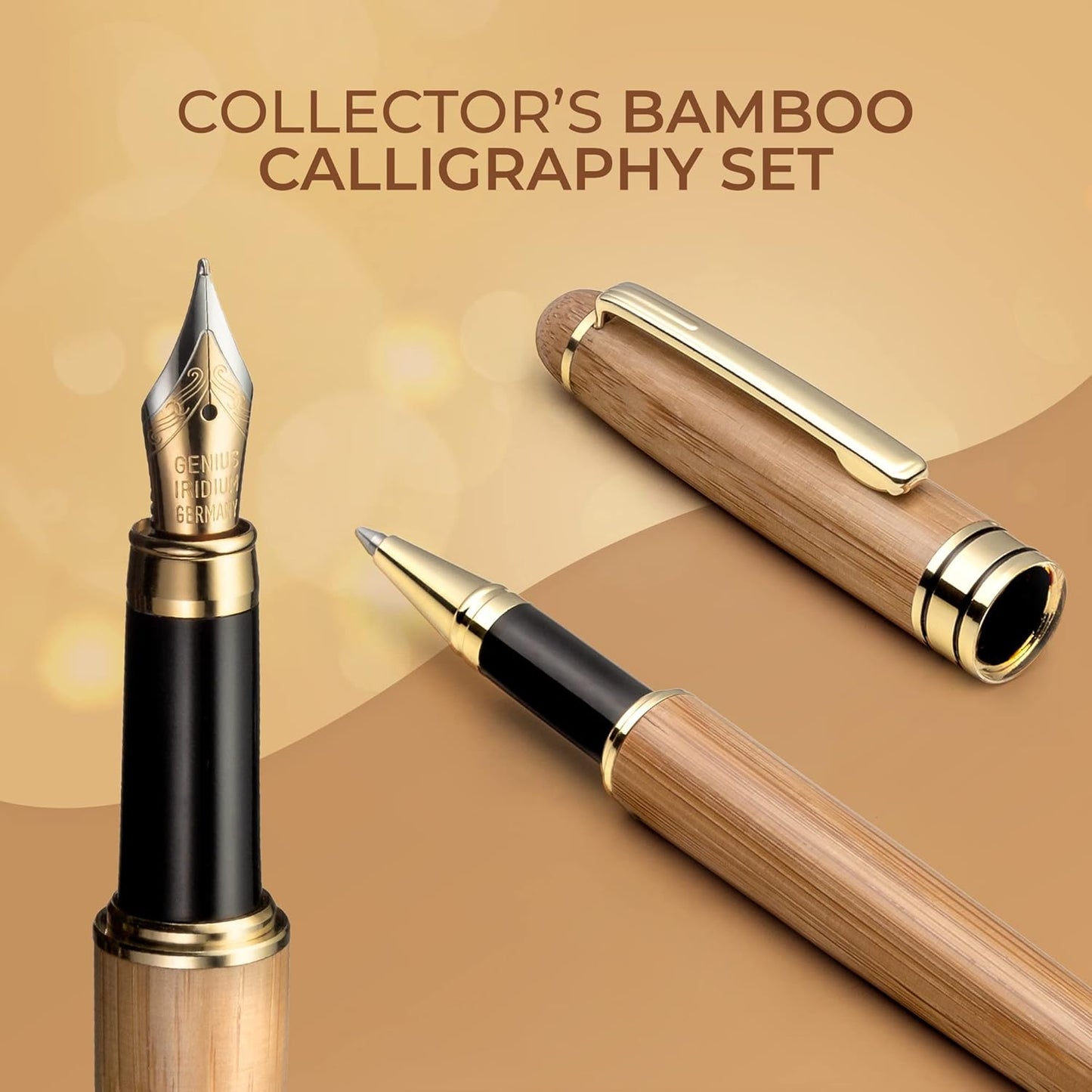 ZenZoi Wood Pen Set - Bamboo Fountain Pen w/Fine Nib & Rollerball Pen. Smooth Writing, Refillable, Vintage, Crafted, Journaling Pen. Luxury Pen Gift Set for Men, Women, Ink Converter.