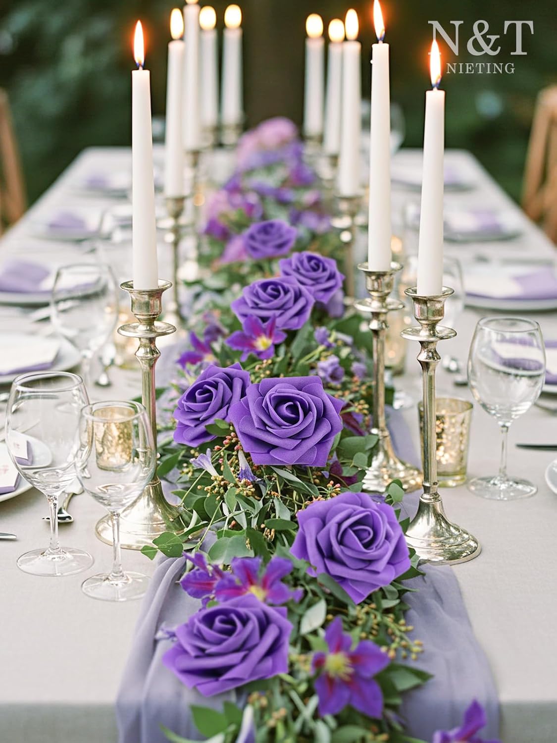 N&T NIETING Fake Flowers Purple Roses, 50Pcs Artificial Flowers Foam Roses with Stems for DIY Wedding Bridesmaid Bridal Bouquets Centerpieces Party Home Decoration Baby Showe