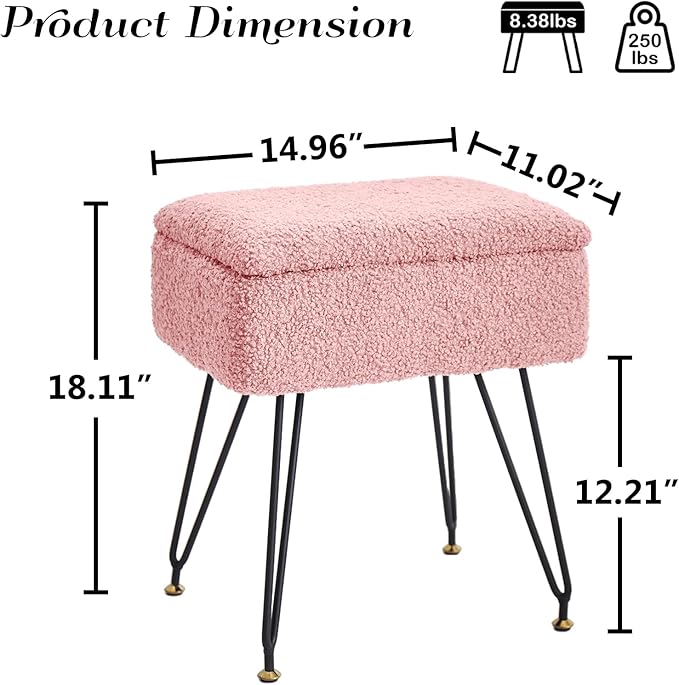 Vanity Stool Chair, Faux Teddy Fur Ottoman Foot Stool - Image 2