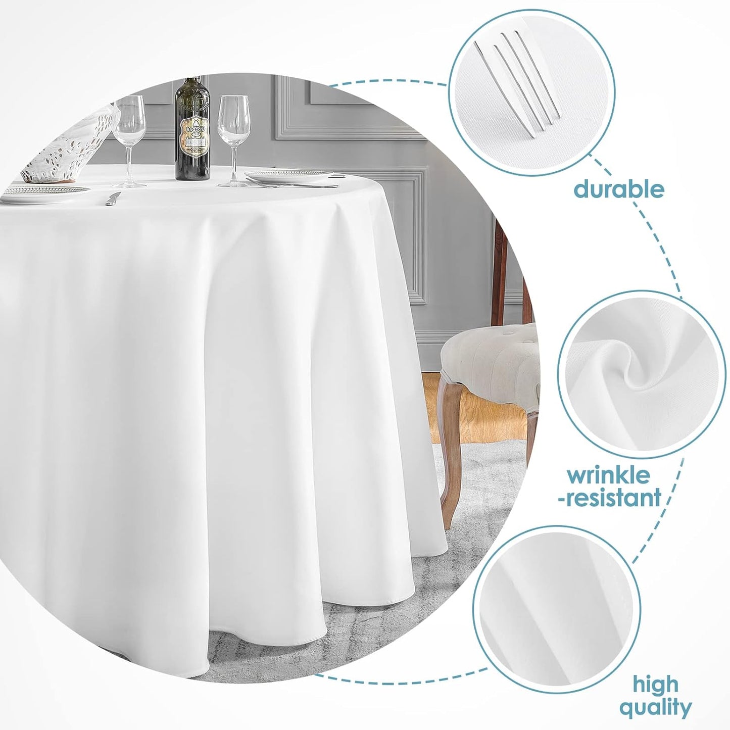 VidaFete 6 Pack 90inch Round Tablecloth Polyester Table Cloth，Stain Resistant and Wrinkle Polyester Dining Table Cover for Kitchen Dinning Party Wedding Rectangular Tabletop Buffet Decoration(White)