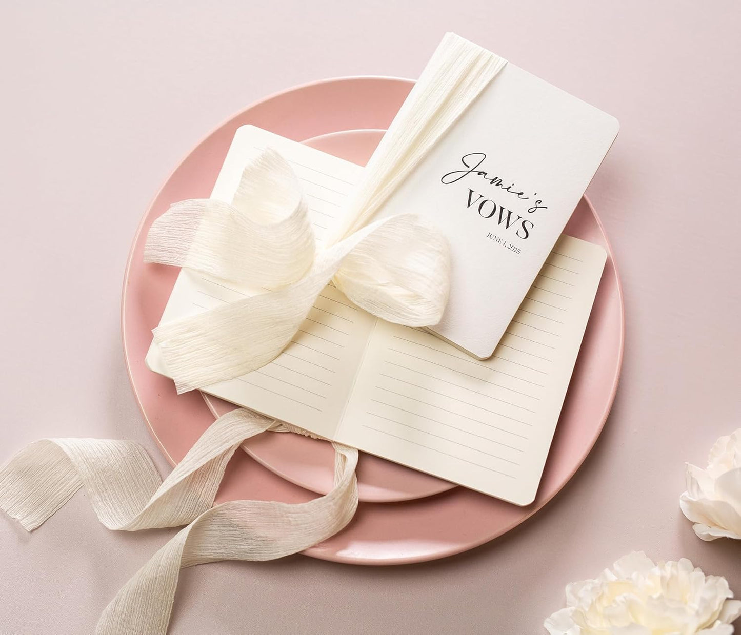 Modern Album Designs Set of Custom Slim White Vow Books w/Ribbon (Set of 2) - 5.625 x 4 Minimalist Pocket Sized Romantic Wedding Ceremony Vow Renewal Speech Notebook Journal