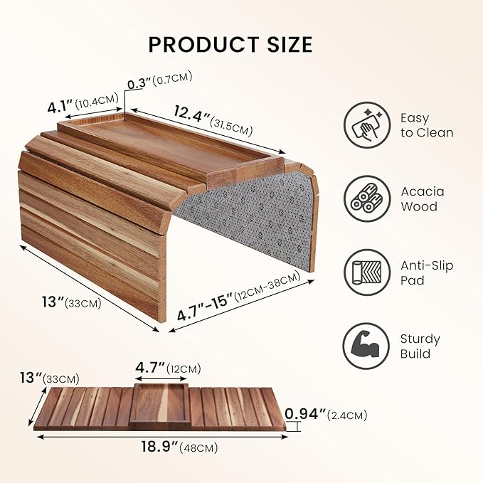 Sofa Arm Tray, Acacia Wood Folding Couch Arm Tray, Sofa Armrest Trays - Image 6