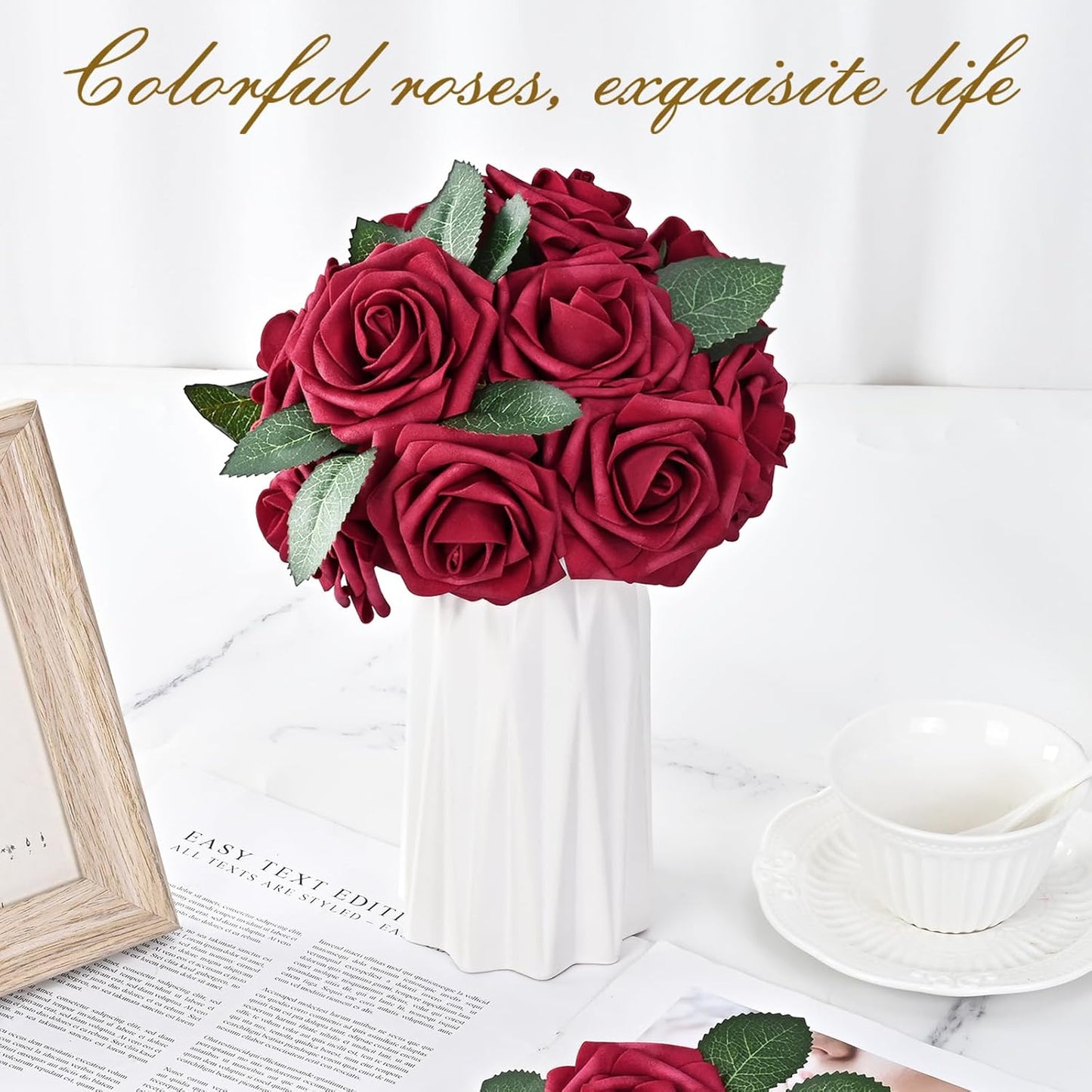 BLEUM CADE 16Pcs Artificial Flowers Fake Roses with Stems, Burgundy Boxed Foam Roses for DIY Bouquets Centerpieces Wedding Party Arrangement Bridal Shower Decor