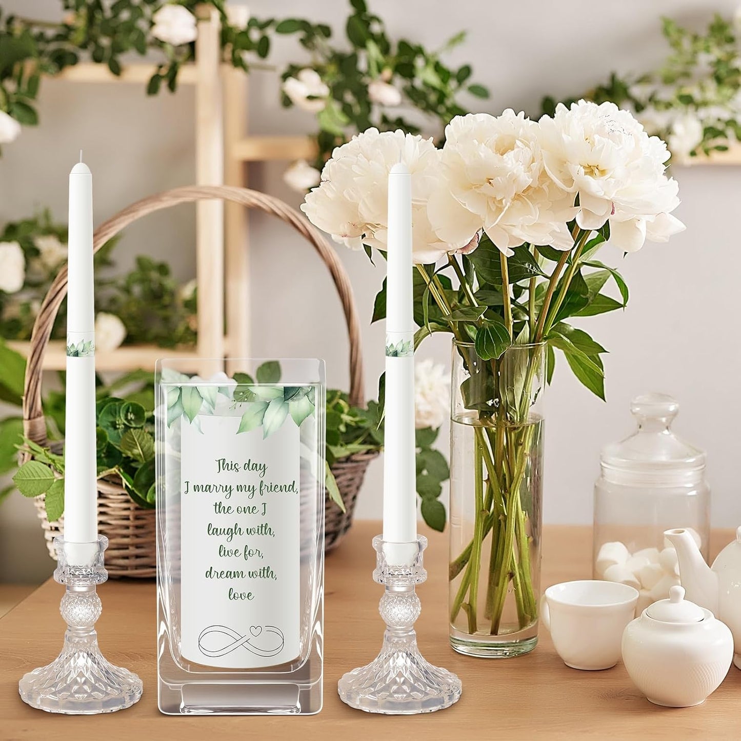 Unity Wedding Candles with Holder Wedding Ceremony Unity Candles Set Catholic Religious Accessories Large Decorative Glass Holder Taper for Church(Green Leaf)