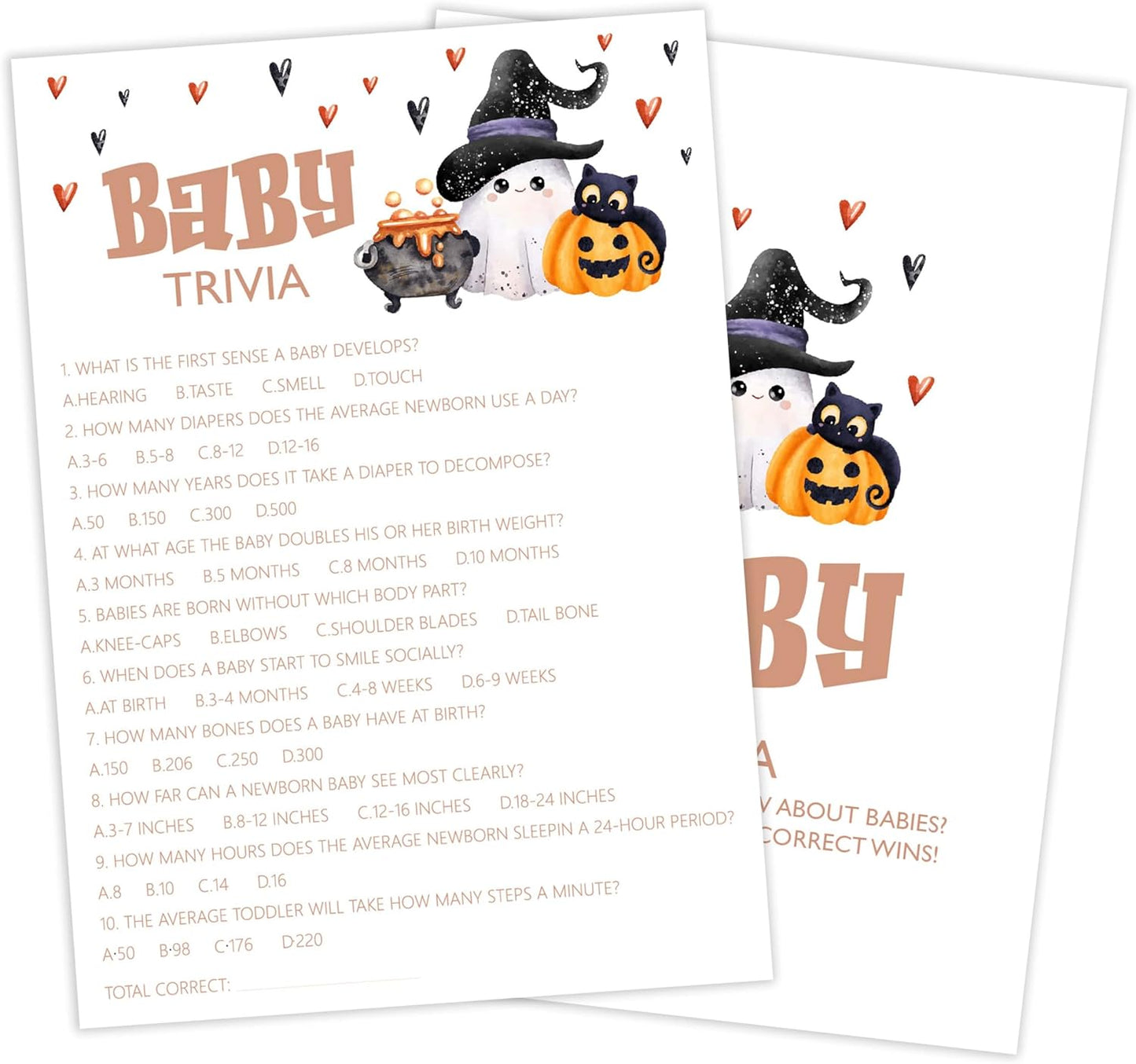 Baby Shower Games, Halloween Baby Trivia, 25 Double-Sided Game Cards + 1 Answer Card for Gender Reveal Party Decorations Supplies Announcement - B05