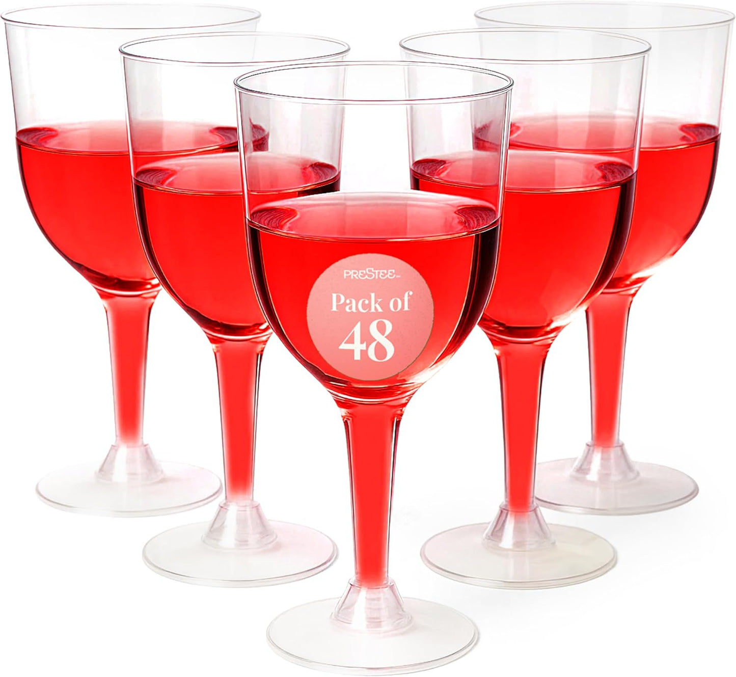 Prestee Stemmed Disposable Wine Glasses - 10 oz Clear Plastic Wine Glasses BPA-Free - Easy Assembly for Parties Weddings Picnics - Durable and Sturdy Wine Plastic Cups - 48 Pack