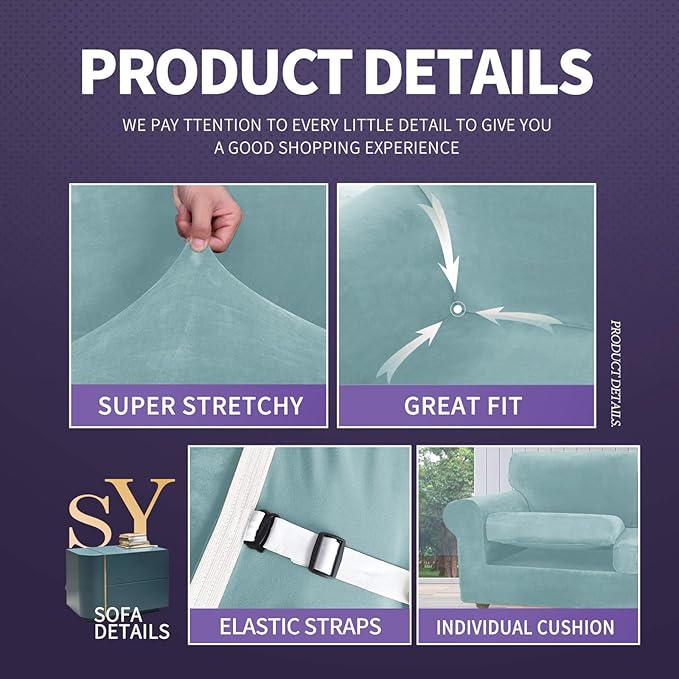 ZNSAYOTX Oversized Velvet Couch Cover 4 Piece Stretch Sofa Covers - Image 4