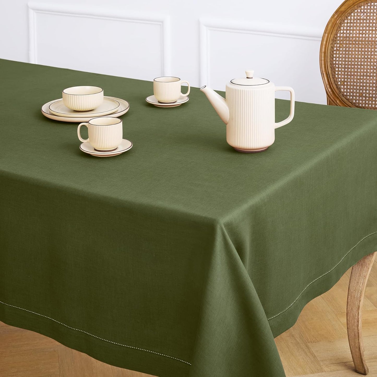 Solino Home Olive Linen Tablecloth 60 x 120 Inch - 100% Pure Linen Hemstitch Table Cloth for Rectangle Tables - Classic Hemstitch, Machine Washable Tablecloth for Fall, Autumn, Thanksgiving