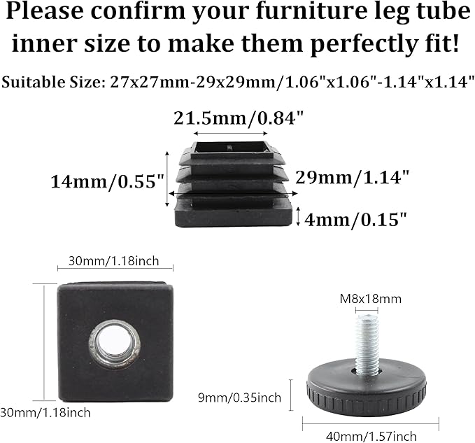 8Pcs Adjustable Leveling Feet, Square Insert Kit, Furniture Glide Leveler - Image 2