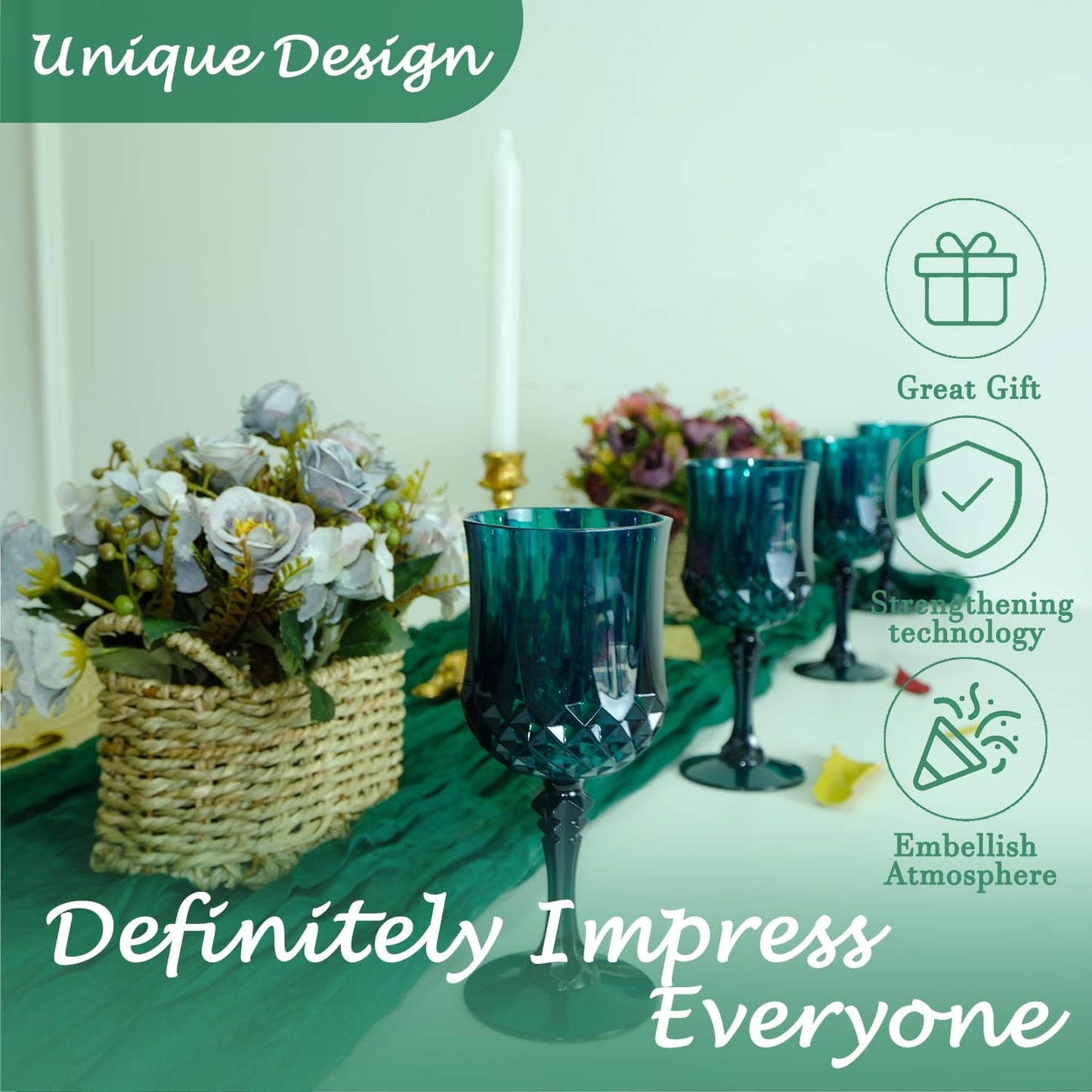 Plastic Wine Glasses，Plastic Goblets Vintage Style Cordial Drinking Glasses for Wedding Reception, Christmas Grand Event Party Supplies (12, Green)