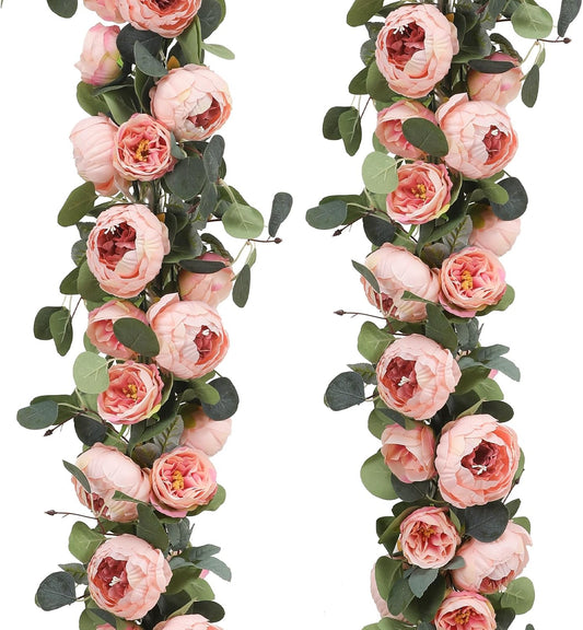 Floweroyal 2 Pack Artificial Flower Garlands 11.2FT Eucalyptus Garlands with Flowers 8 Head Peony Flower Vine Faux Floral Garland for Wedding Arch Table Wall Backdrop Wreath Decoration. (Vintage Pink)