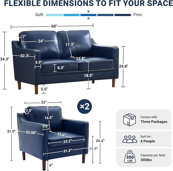 Kingfun Living Room Furniture Sets, 2 Armchair and Loveseat, Mid Century Modern - Image 2