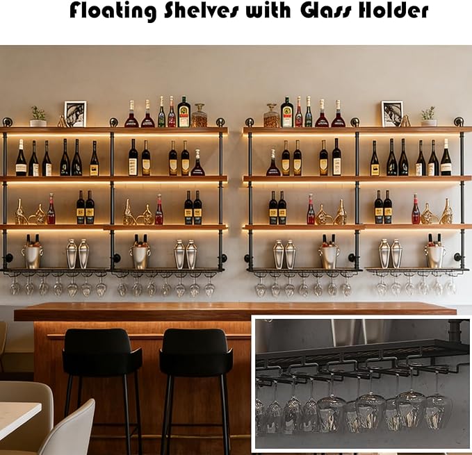 Wall Mounted Wine Rack with LED Lights, 4-Tier Industrial Wood Floating Shelves - Image 7