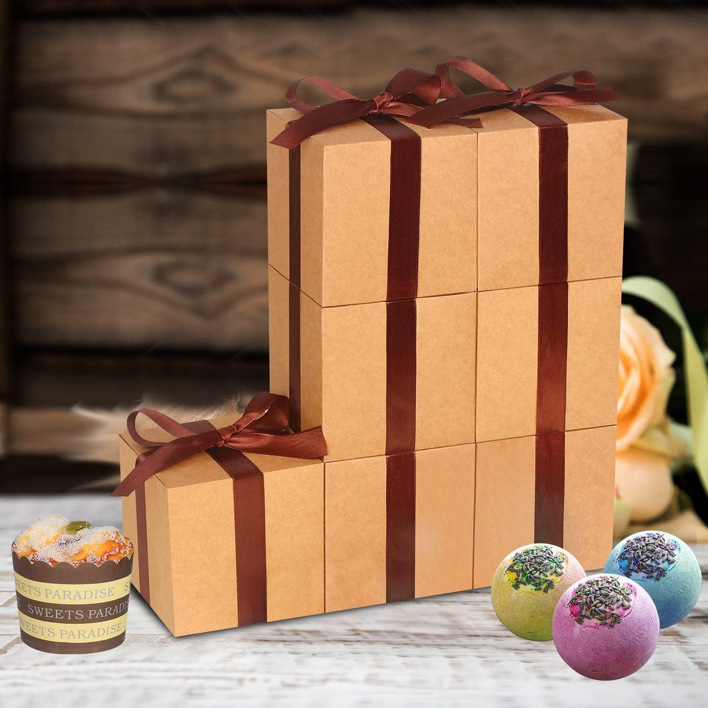 100 Pack Small Gift Boxes, 3x3x3 Inches Favor Boxes Brown Paper Gift Boxes with Lids for Presents, Crafting, Cupcake Boxes, Gifts, Candy Boxes for Wedding Party Bridal Shower Baby Shower Favors