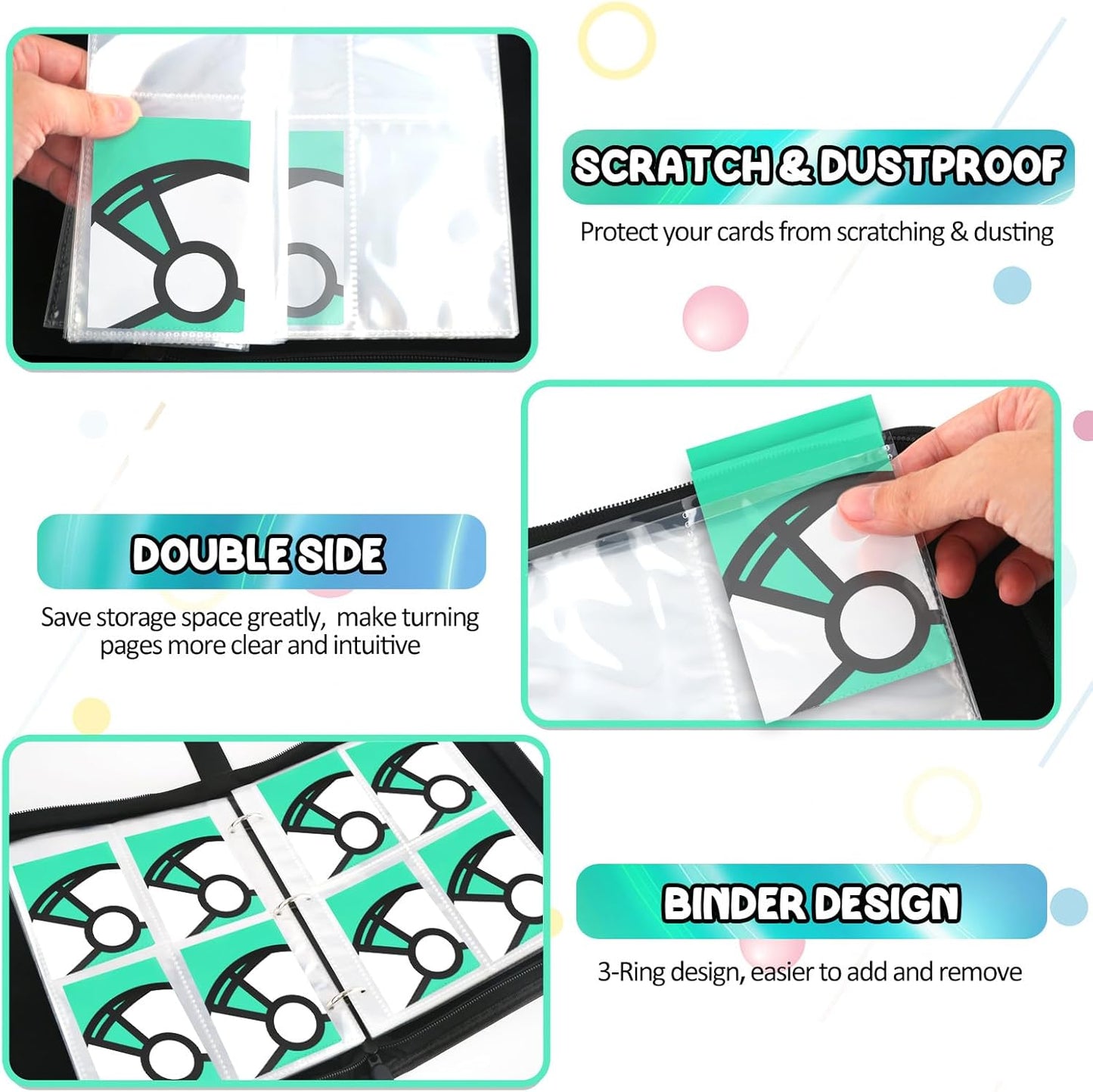 Trading Card Binder 4-Pockets, 400 Pockets Card Holder with 50 Removable Sleeves, Large Capacity & Waterproof Zipper Album Holder for Trading Card Collector, Portable Card Album Book for Card-Green