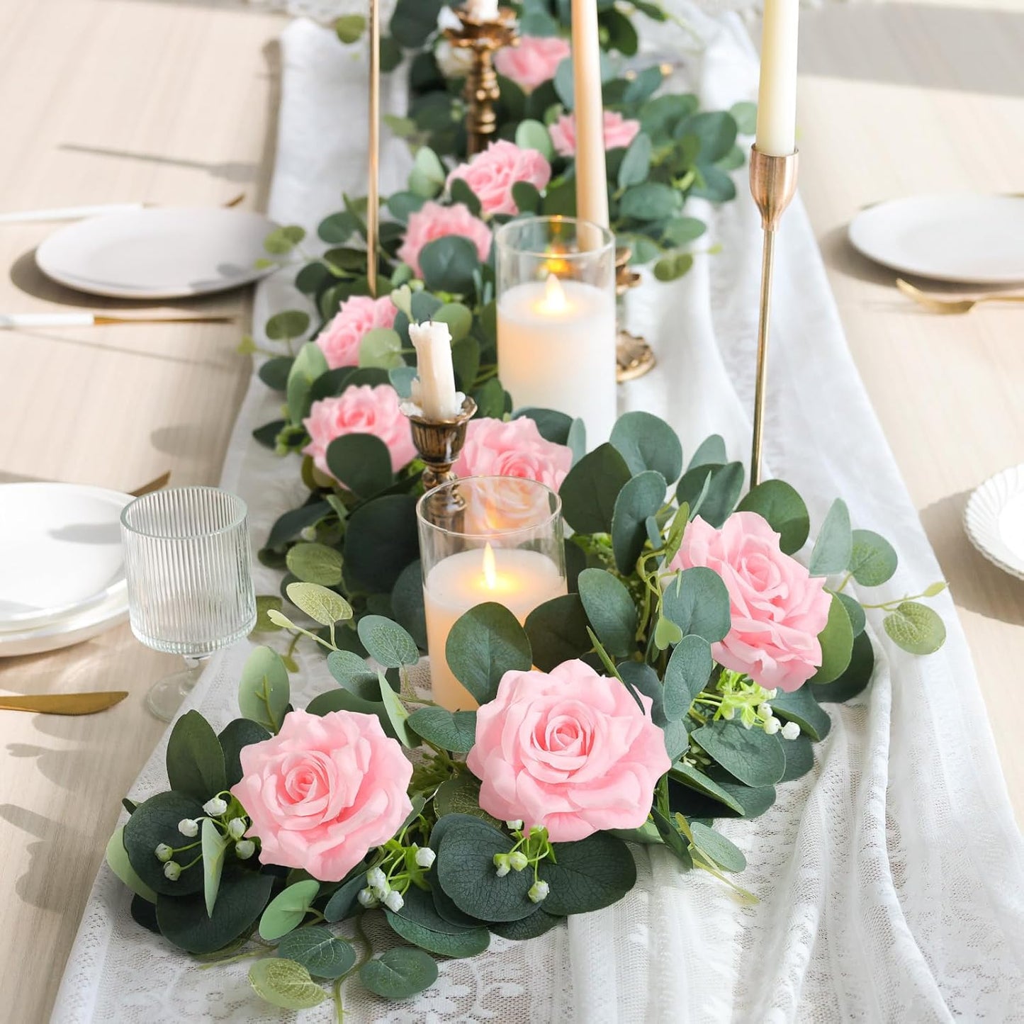 MACTING 4 Pack 26.4FT Eucalyptus Garland with Lights - Spring Gypsophila Flower Garlands with 48 Pink Roses Artificial Floral Greenery Vines for Arch Table Centerpieces Backdrop Party Wedding Decor