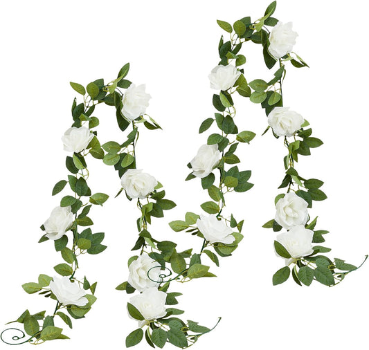 White Artificial Rose Garlands Rose Vines Leaves Banners Hanging Floral Garland Fake Rose Flower Vine for Wedding Arch Ceremony Home Garden Outdoor Party Wall Decorations